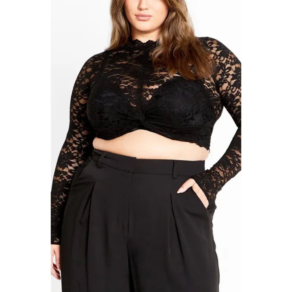 NWT City Chic Frankie Black Lace Crop Top Size US 16 Mock Neck Long Sleeve